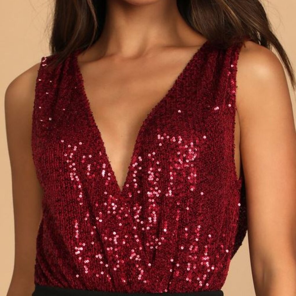 Evening of Wonder Burgundy Sequin Cowl Back Bodysuit